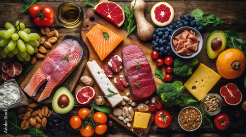 Healthy food selection on rustic wooden background. Top view.