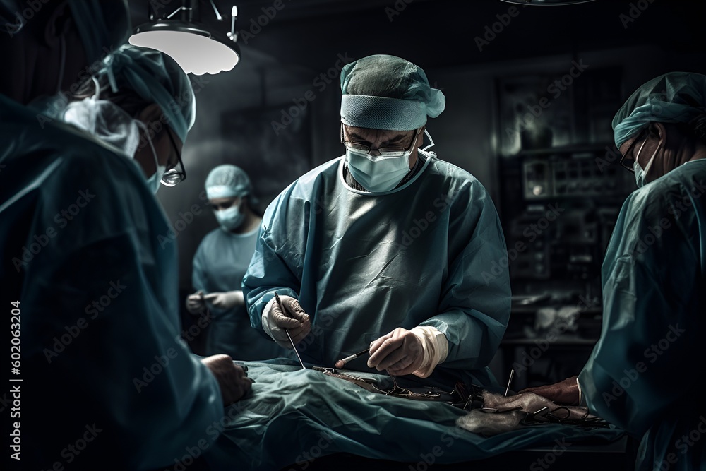 A dynamic photograph of a doctor performing a complex surgical procedure, with a team of nurses assisting in the background - Generative AI A dynamic photograph of a doctor performing a complex surgical procedure, with a team of nurses assisting in the background - Generative AI