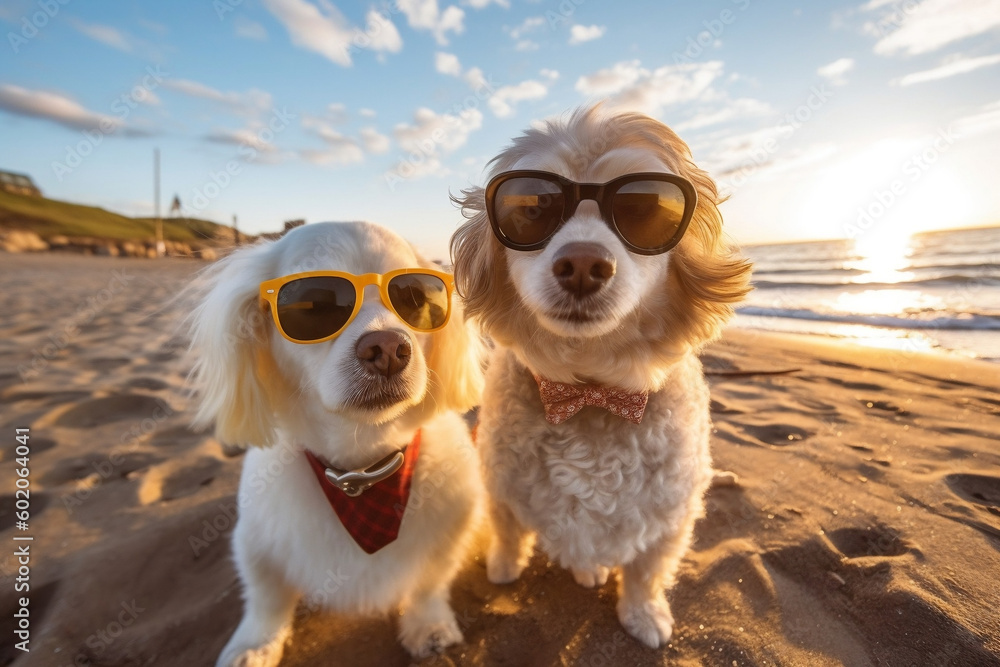 Poster Print Pawsome beach selfies with cool dogs wearing sunglasses generative Ai 40x26.7 cm