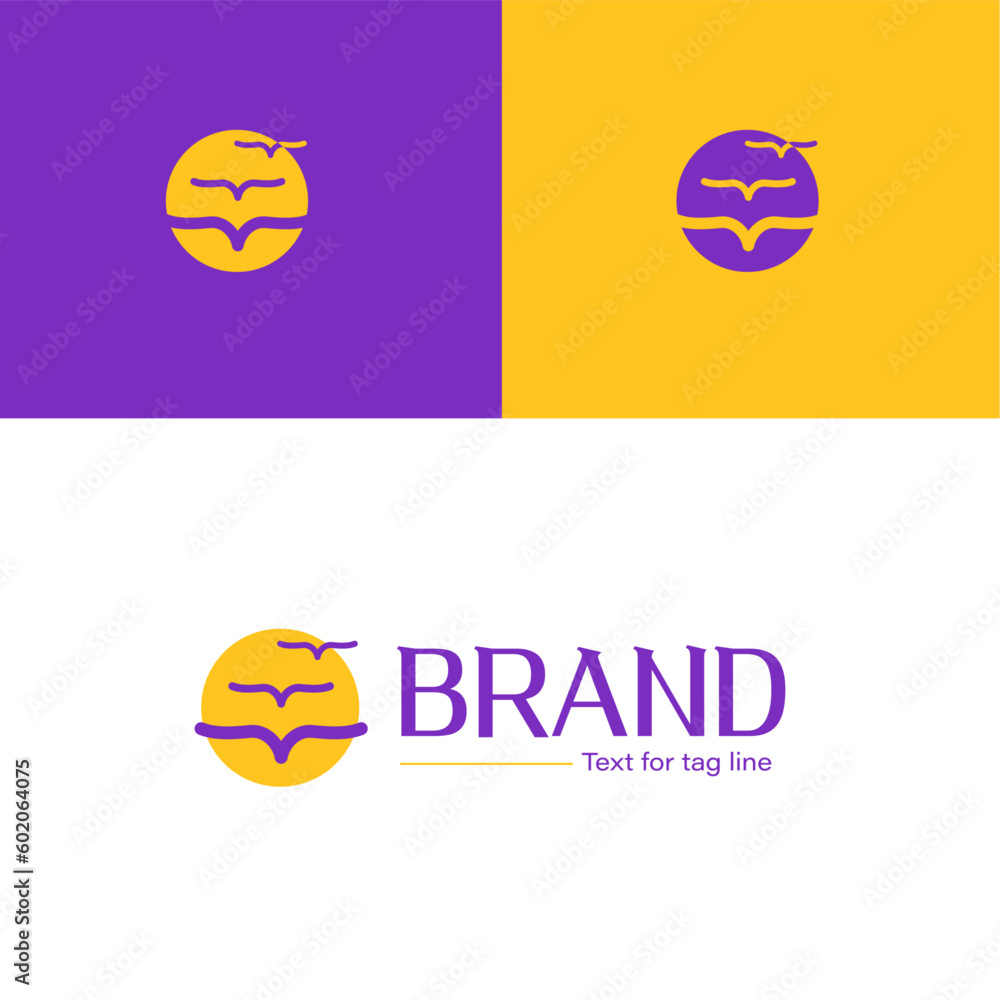 Sunset logo, travel logo, new adventure logo showing a bright sun and birds flying, modern and minimal logo concept. 