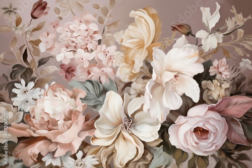 peony leaf design seamless flower background watercolor wallpaper illustration delicate nature. Generative AI.