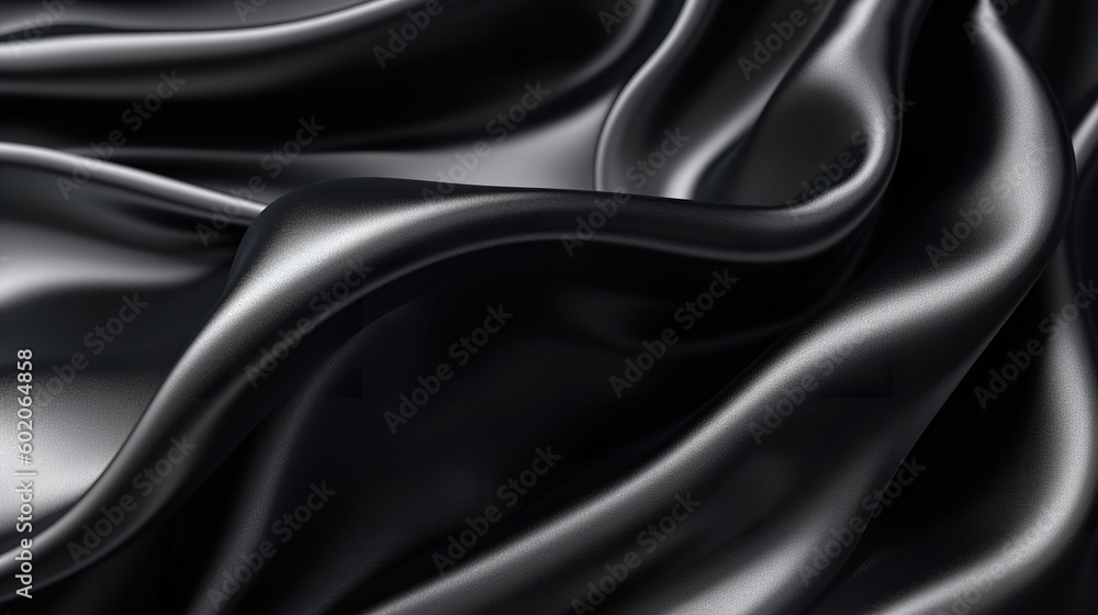 Black silk satin fabric texture background with sweeping ripples and folds. A.I. generated.
