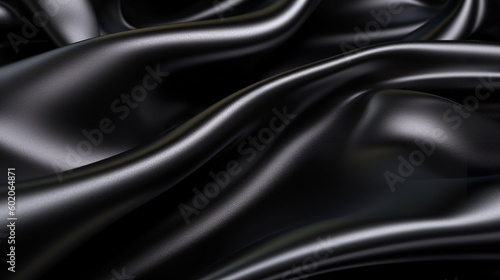 Black silk satin fabric texture background with sweeping ripples and folds. A.I. generated. 