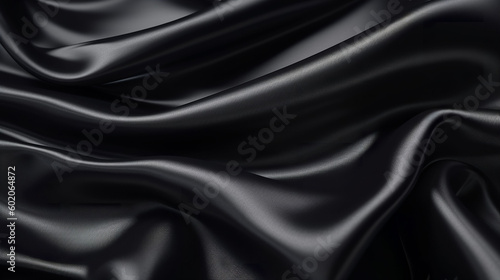 Black silk satin fabric texture background with sweeping ripples and folds. A.I. generated. 