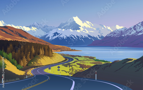 Mountains. Landscape. Lake, Vector Illustration