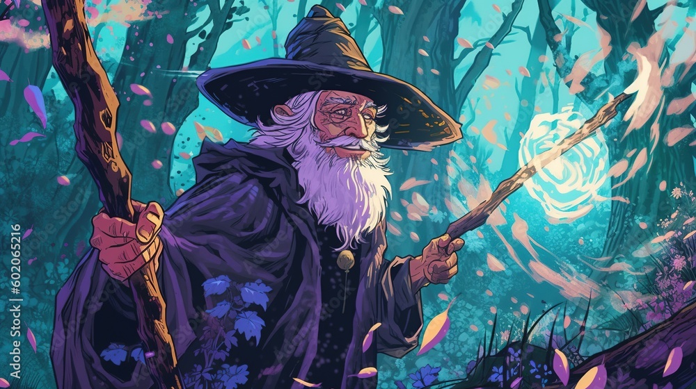 Fototapeta premium A wizard casting a spell in a magical forest. Fantasy concept , Illustration painting. Generative AI