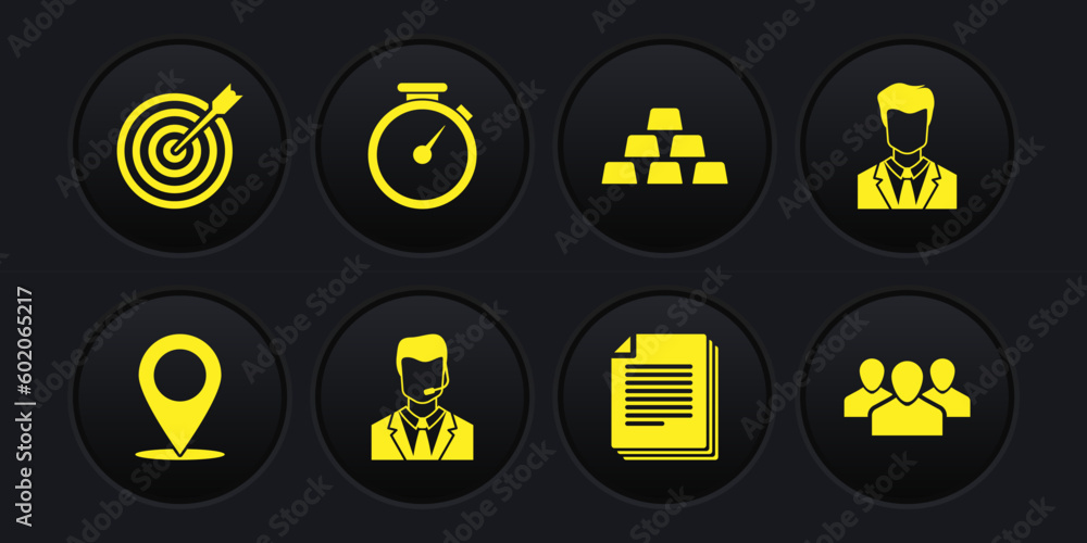 Set Map pin, User of man business suit, Man with headset, Document, Gold bars and Stopwatch icon. Vector - obrazy, fototapety, plakaty 