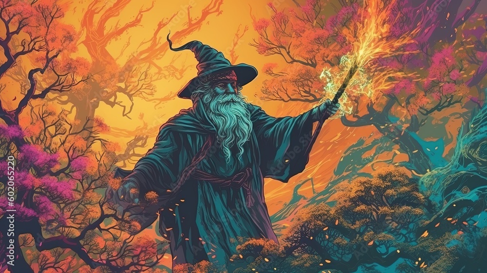 A wizard casting a spell in a magical forest. Fantasy concept , Illustration painting. Generative AI