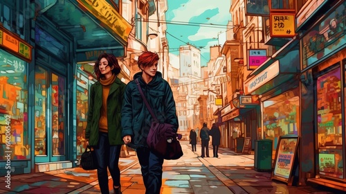 A travel scene of a couple exploring the streets of a foreign city. Fantasy concept , Illustration painting. Generative AI © X-Poser