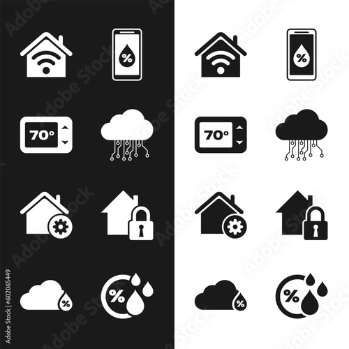 Set Internet of things, Thermostat, Smart home with wi-fi, Humidity for smart, settings, House under protection, and icon. Vector