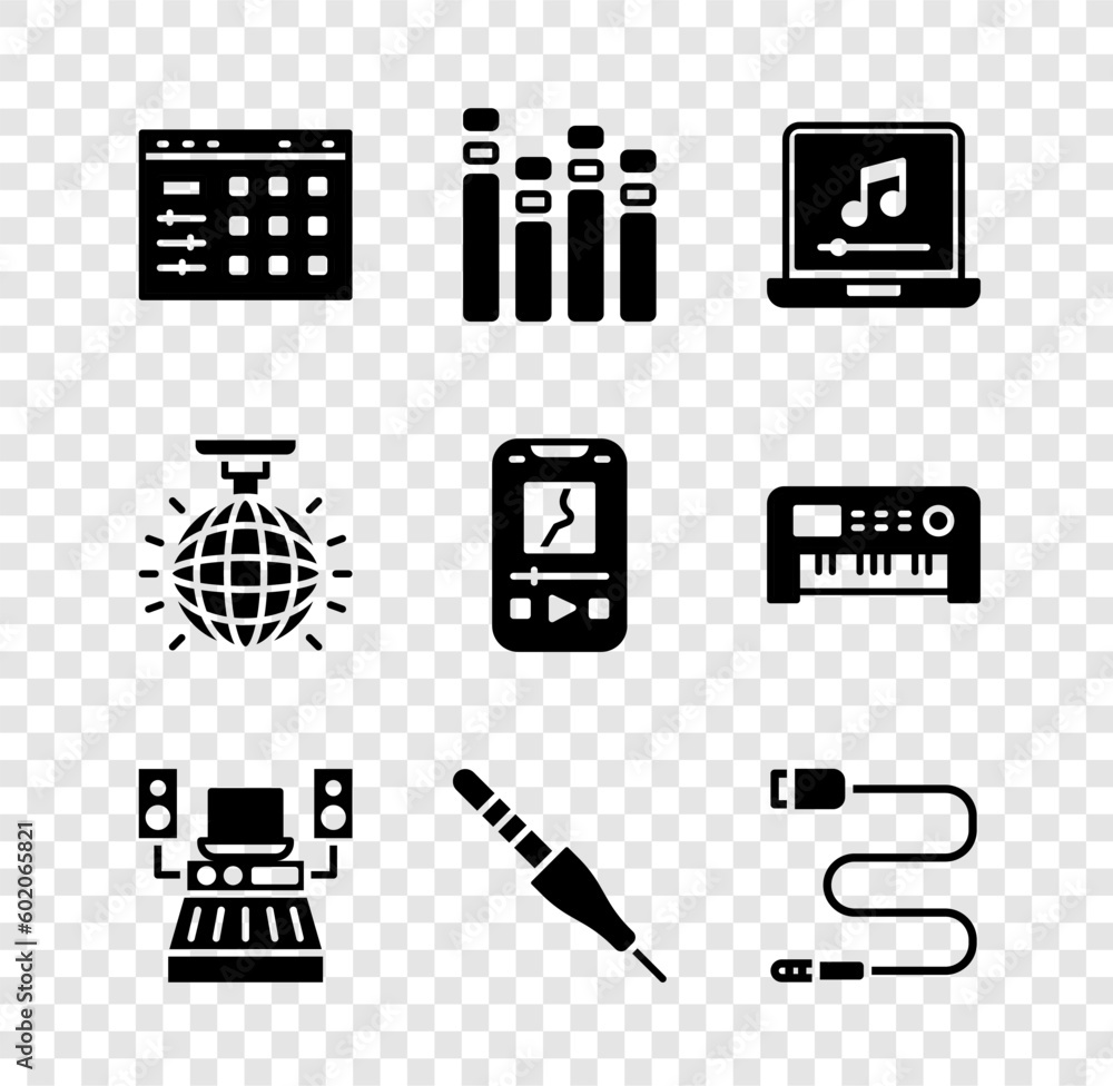 Set Drum machine, Music equalizer, Laptop with music note, recording studio, Audio jack, Disco ball and player icon. Vector Set Drum machine, Music equalizer, Laptop with music note, recording studio, Audio jack, Disco ball and player icon. Vector