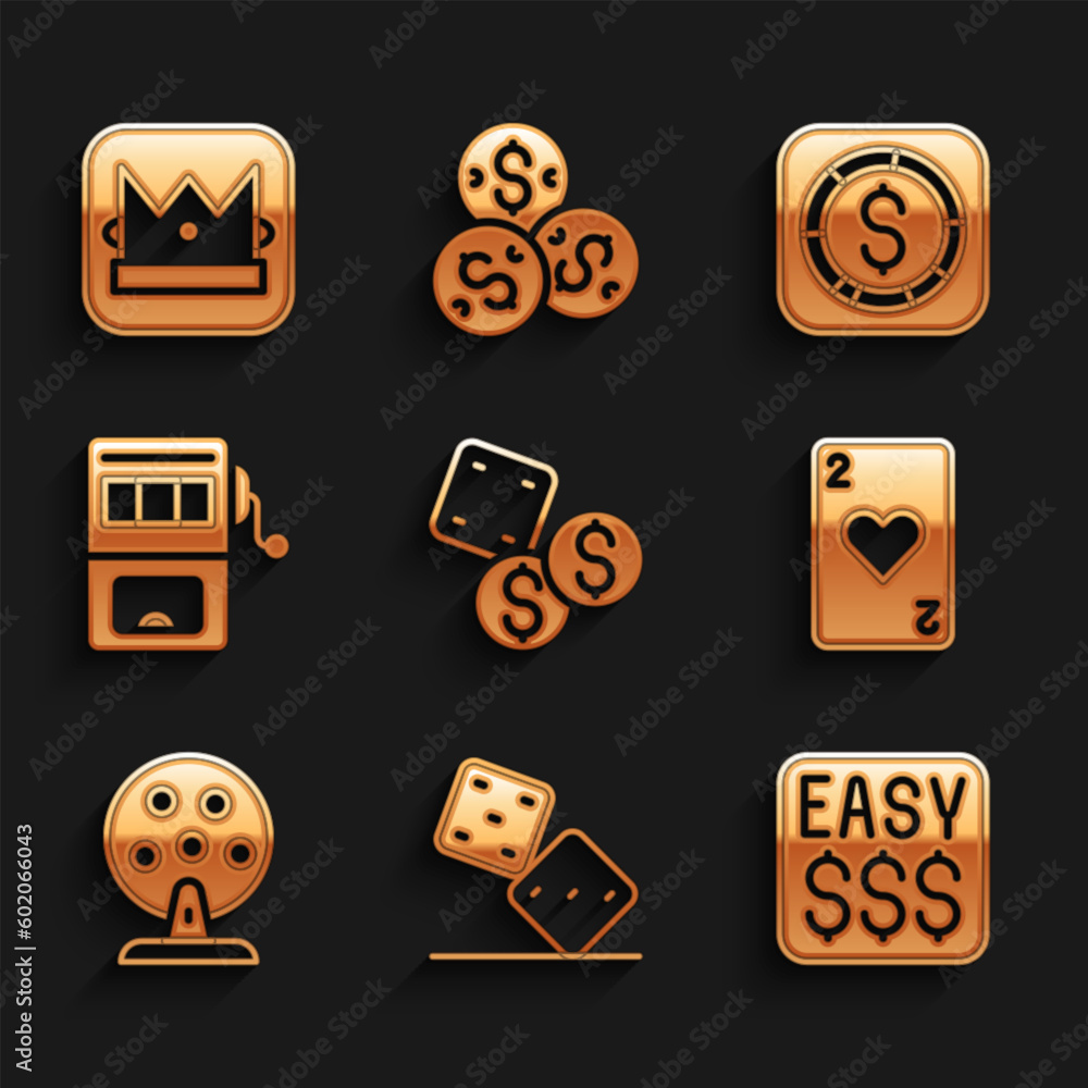Set Game dice, Money prize in casino, Playing card with heart, Lottery machine, Slot, Coin money dollar and King playing icon. Vector Set Game dice, Money prize in casino, Playing card with heart, Lottery machine, Slot, Coin money dollar and King playing icon. Vector