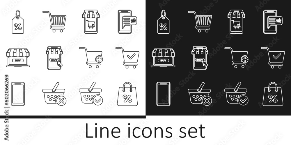 Set line Shopping bag with percent, cart check mark, Mobile and shopping, Online, Discount tag, Add to and icon. Vector Set line Shopping bag with percent, cart check mark, Mobile and shopping, Online, Discount tag, Add to and icon. Vector