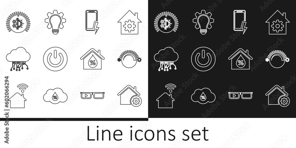 Set line Smart home settings, Thermostat, Mobile charging battery, Power button, Internet of things, House humidity and Light bulb and gear icon. Vector