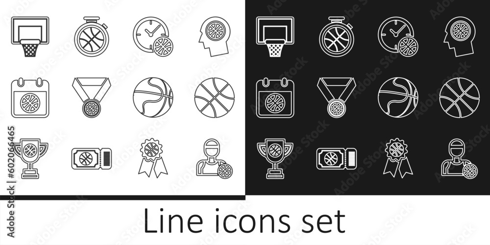 Set line Basketball player, Clock with basketball, medal, on sport calendar, backboard, and Stopwatch icon. Vector