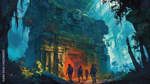 Fototapeta Naklejka Na Ścianę i Meble -  An adventure scene of a group of explorers discovering a lost temple in the jungle. Fantasy concept , Illustration painting. Generative AI