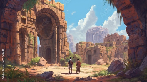 An adventurous couple exploring an ancient ruin. Fantasy concept , Illustration painting. Generative AI