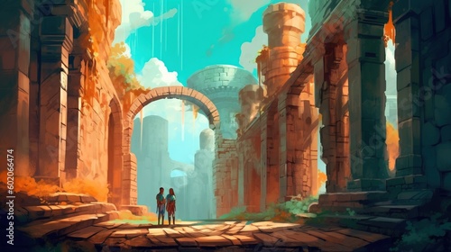 An adventurous couple exploring an ancient ruin. Fantasy concept , Illustration painting. Generative AI © X-Poser