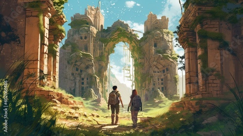 An adventurous couple exploring an ancient ruin. Fantasy concept , Illustration painting. Generative AI © X-Poser
