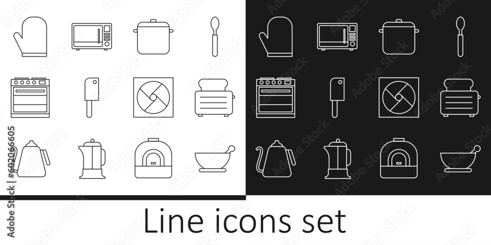 Naklejka premium Set line Mortar and pestle, Toaster with toasts, Cooking pot, Meat chopper, Oven, glove, Ventilation and Microwave oven icon. Vector