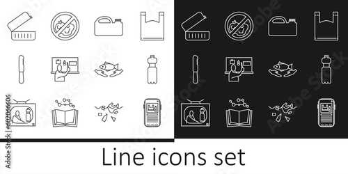 Set line Stop plastic pollution, Bottle of water, Canister for machine oil, Disposable knife, Lunch box, Fish care and No trash icon. Vector