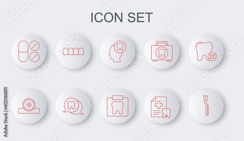 Set line Toothbrush, Otolaryngological head reflector, Human with tooth, Dental card, Painkiller tablet, Dentures model, and X-ray of icon. Vector