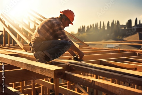 Construction worker on the roof, Roofer carpenter with safety hardhat working on roof structure, Generative AI © Rawf8
