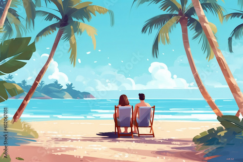 Tropical Paradise, Couple Enjoying Summer Vacation on Sandy Beach, generative Ai
