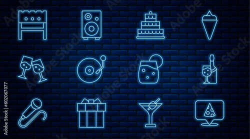 Set line Slice of pizza, Champagne bottle, Cake with burning candles, Vinyl player disk, Glass champagne, BBQ brazier, Cocktail and Stereo speaker icon. Vector photo