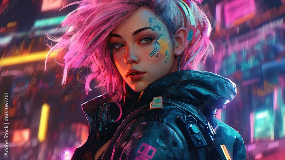 Fototapeta premium Cyberpunk girl. Fantasy concept , Illustration painting. Generative AI