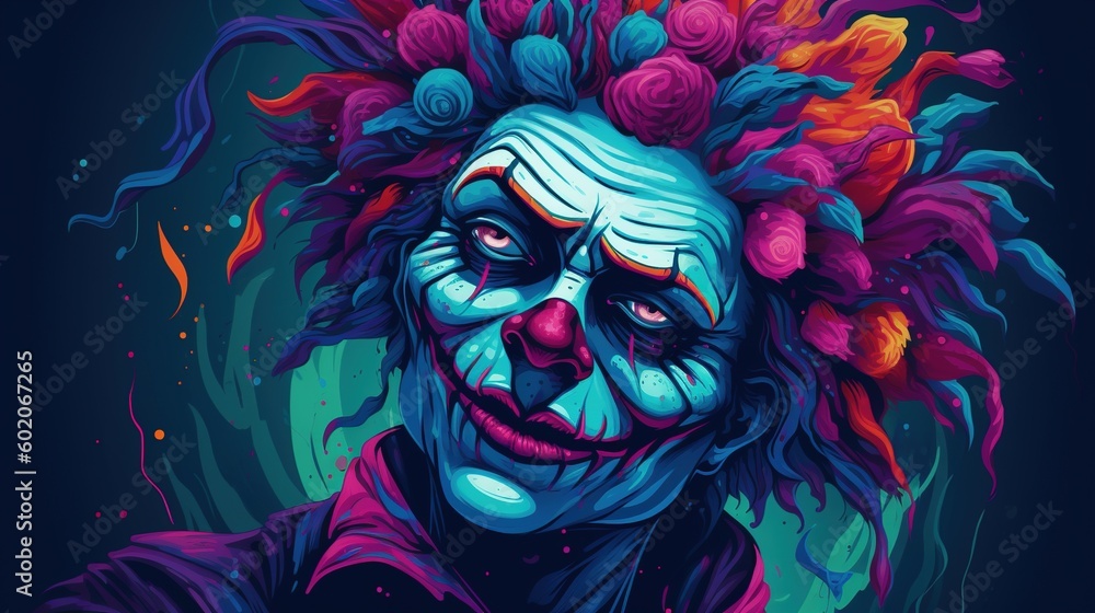 an illustration of a clown on an electric blue background with pink, black, blue and green backgrounds. Fantasy concept , Illustration painting. Generative AI
