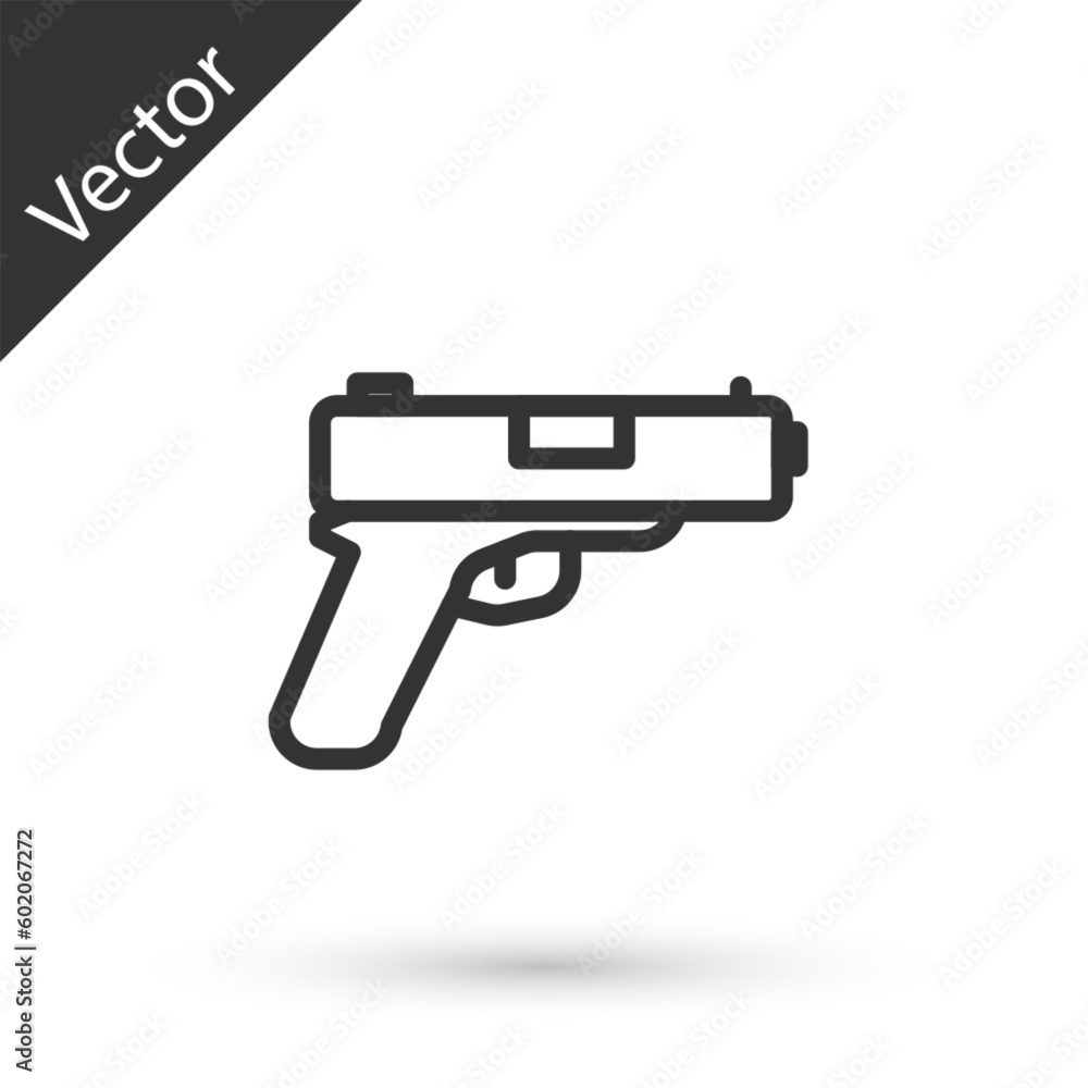 Grey line Pistol or gun icon isolated on white background. Police or military handgun. Small firearm. Vector Grey line Pistol or gun icon isolated on white background. Police or military handgun. Small firearm. Vector