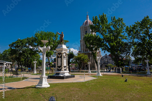 Iloilo City, Philippines - April 2023: Inside Jaro Plaza with the famous belfry behind.