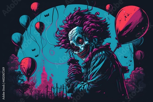 an illustration of a clown on an electric blue background with pink, black, blue and green backgrounds. Fantasy concept , Illustration painting. Generative AI