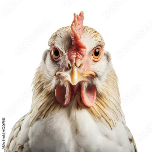 Slika na platnu Domestic chicken with light plumage looks directly into the camera
