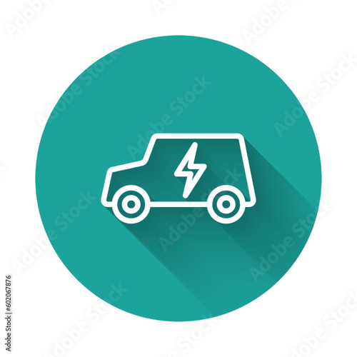 White line Electric car and electrical cable plug charging icon isolated with long shadow background. Renewable eco technologies. Green circle button. Vector