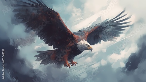 Giant eagle soaring in the clouds Fantasy concept , Illustration painting. Generative AI
