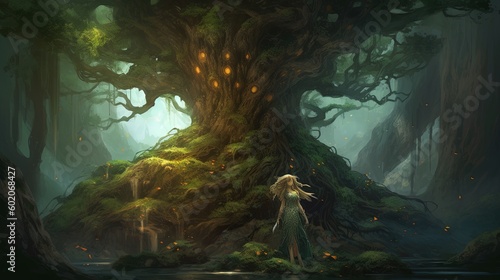 Dryad guarding a sacred tree. Fantasy concept   Illustration painting. Generative AI
