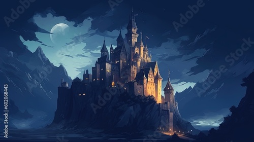 Enchanted castle at night. Fantasy concept   Illustration painting. Generative AI