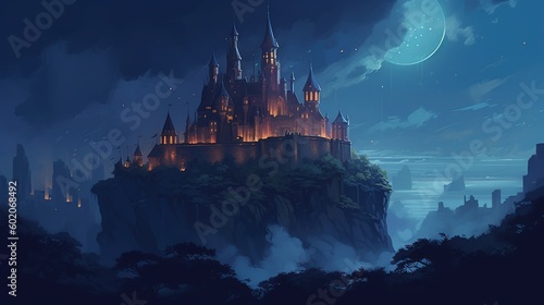 Enchanted castle at night. Fantasy concept , Illustration painting. Generative AI