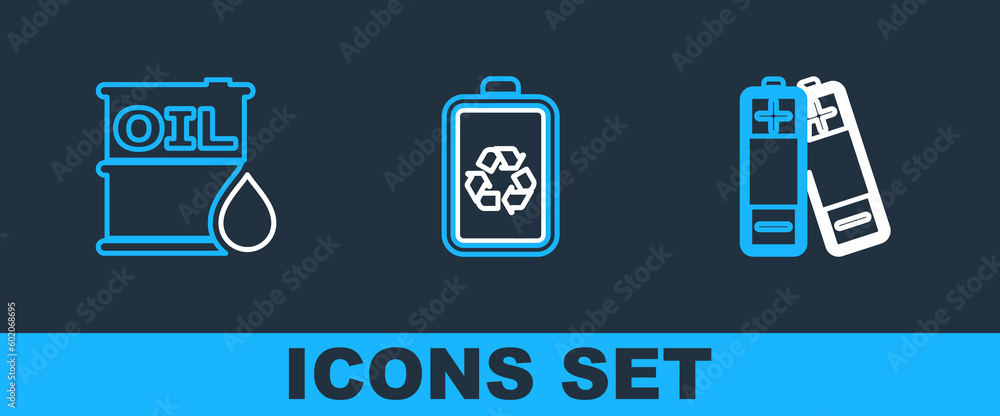 Set line Battery, Oil barrel and with recycle icon. Vector Set line Battery, Oil barrel and with recycle icon. Vector