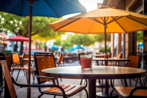 Outdoor dining tables and chairs with umbrella at a cafe or restaurant in the morning, generative Ai photo