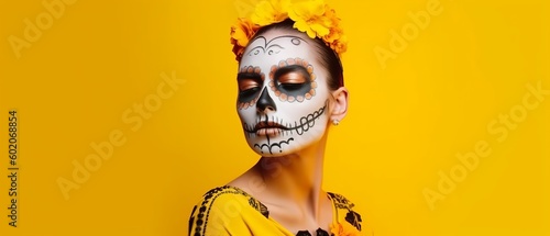 Portrait of a woman wearing Day of the Dead costumes and skull makeup on yellow background, Generative Ai