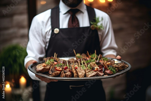 Murais de parede Professional waiter carrying a tray with savory meat dishes at a festive event,
