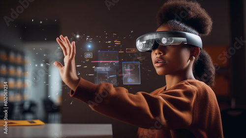 Child Using AR Headset in Classroom. Generative AI