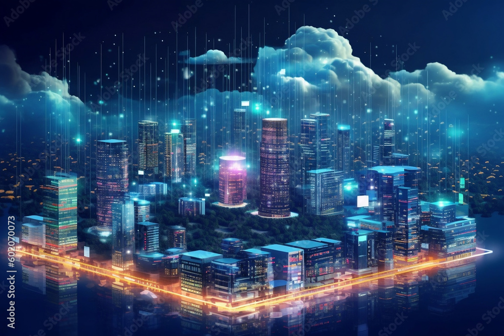 Title, Futuristic Cloud Computing Technology Concept with Cyber Security and Big Data Center in Smart City, generative Ai