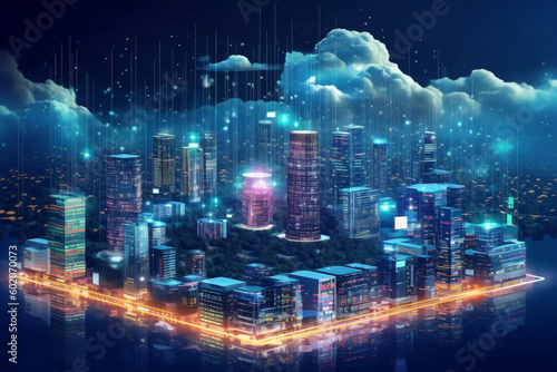 Title, Futuristic Cloud Computing Technology Concept with Cyber Security and Big Data Center in Smart City, generative Ai