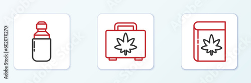 Set line Book and marijuana or cannabis, Marijuana olive oil and Shopping box of icon. Vector