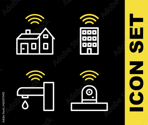 Set line Smart home with wireless, security camera, water tap and icon. Vector