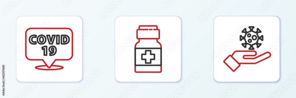Set line Hand with virus, Corona on location and Medicine bottle pills icon. Vector Set line Hand with virus, Corona on location and Medicine bottle pills icon. Vector